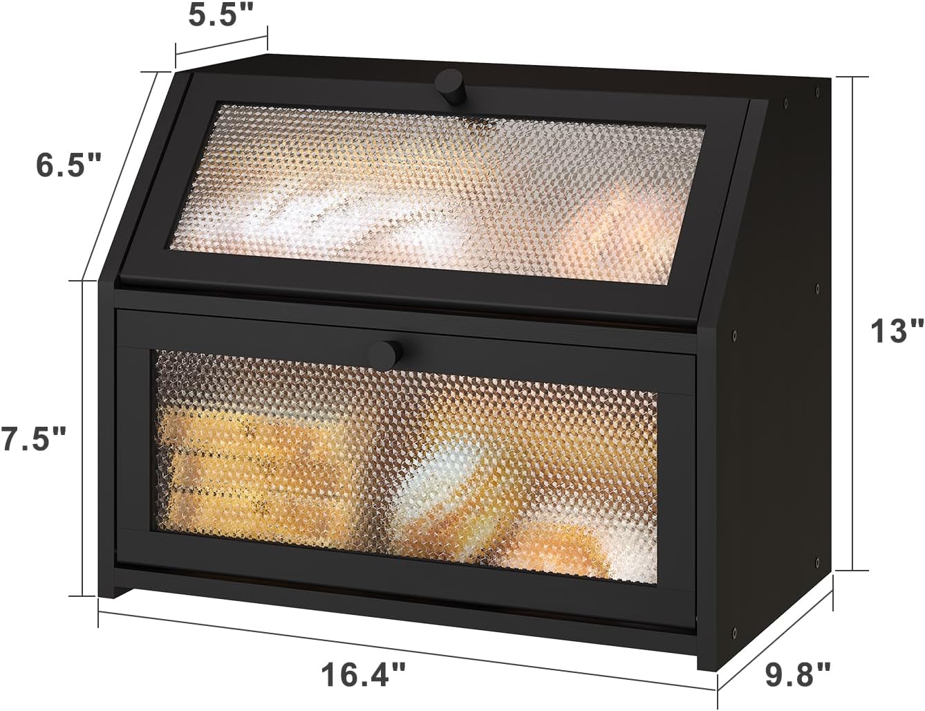 Large Bread Box, Bamboo Wood Bread Box for Kitchen Counter, Double-layer Bread Storage Bin, Acrylic glass with Diamond Patterns (Black)