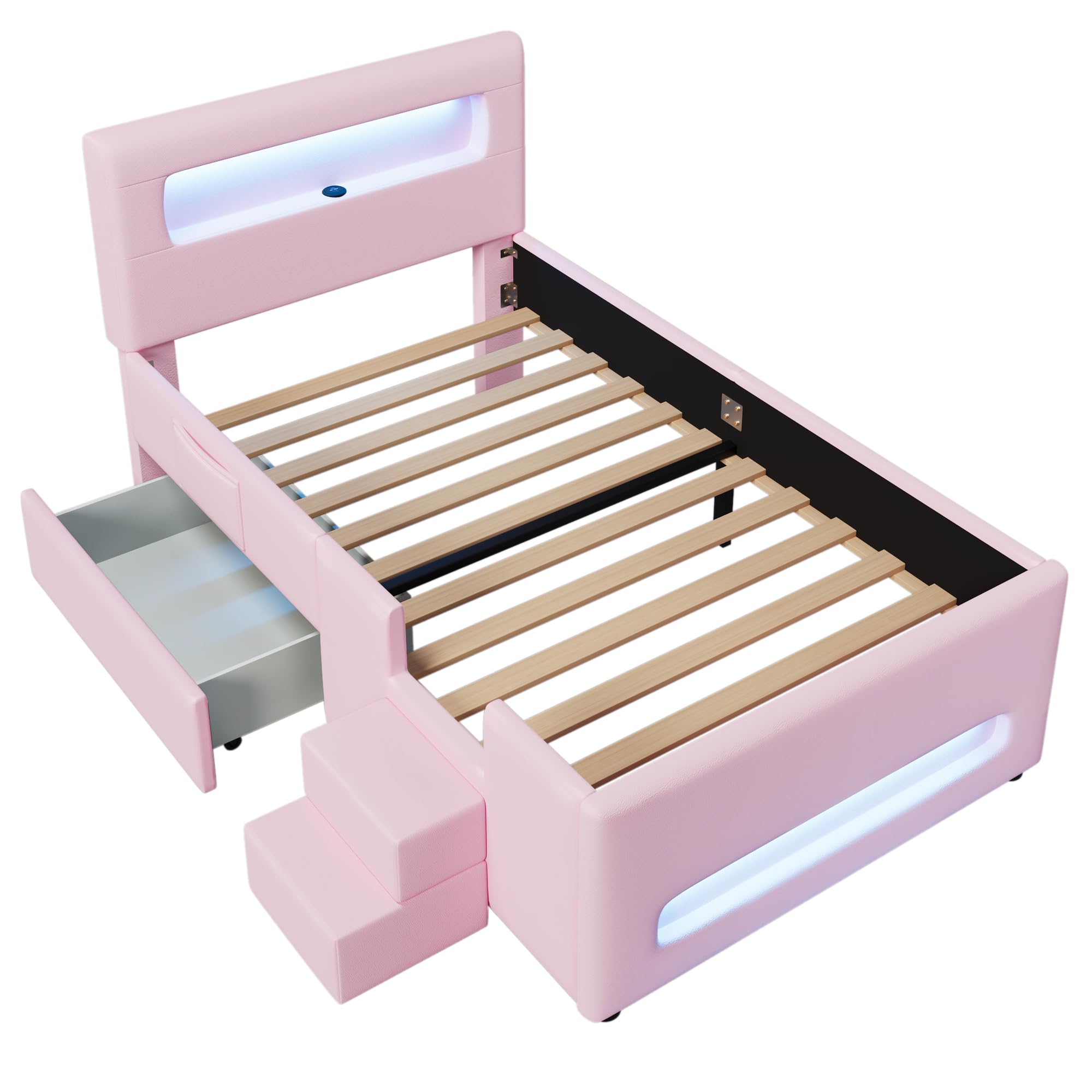 Letto a piattaforma imbottito (90 x 200 cm) con scale, cassetti, strisce luminose a LED e tasche portaoggetti (rosa)