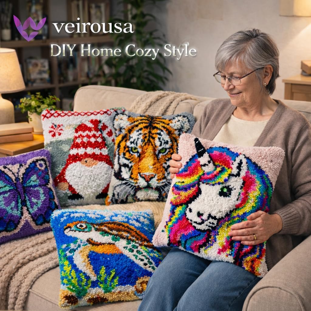 veirousa Colorful Flowers Latch Hook Kits for Adults Beginners - Latch Hook Pillow Kit Pre-Printed Mesh Latch Hook Rug Kits Craft Cushion Set for Home Sofa Decoration 17x17 in. DIY Gift for Mom
