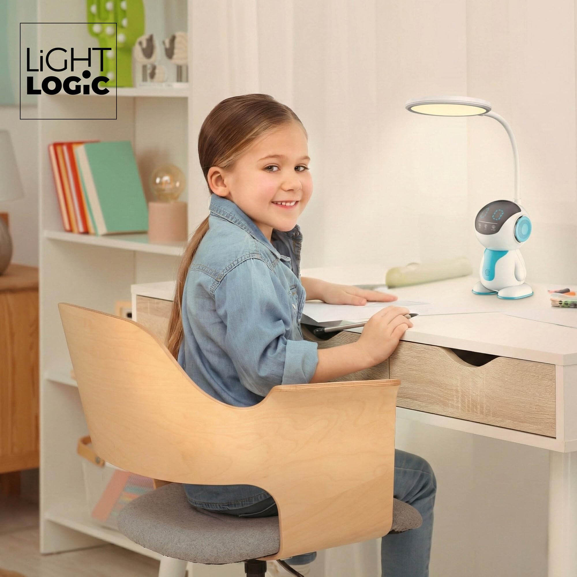 Schreibtischlampe LED für Büro und Zuhause – Dimmbar Touch Tischlampe mit Nachtmodus-Funktion - 10W Bürolampe für Kinderzimmer, Schreibtischleuchte Bunter Roboter