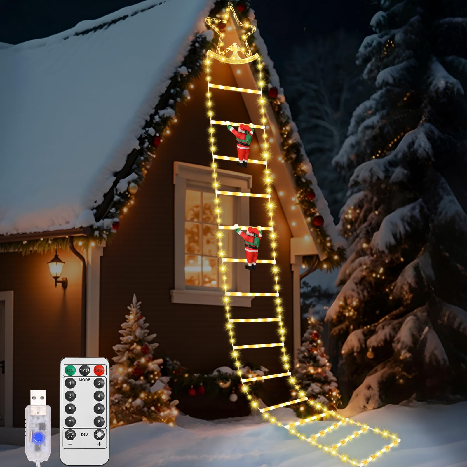 Lewondr Decoraciones Navideñas Luces LED en Escalera, 9,8ft Luz Decorativa Navideña con 2 Papá Noel, 8 Modos Control Remoto, 298 LED Luz para Árbol de Navidad Ventana Interior Exterior, Blanco Cálido