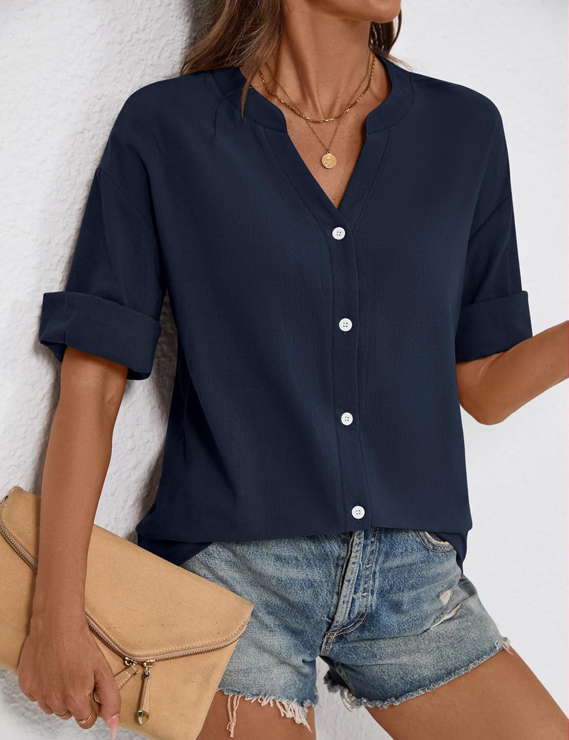 LOMON Womens 3/4 Sleeve Button Down Shirts Cotton Linen Roll Up Short Sleeve Tops V Neck Casual Loose Fit Blouses - Image 3