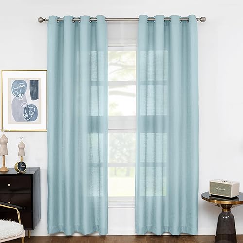 Melodieux - Cortinas semitraslúcidas azules de 84 pulgadas de largo para sala de estar y dormitorio, de lino con ojales, 52 por 84 pulgadas (2