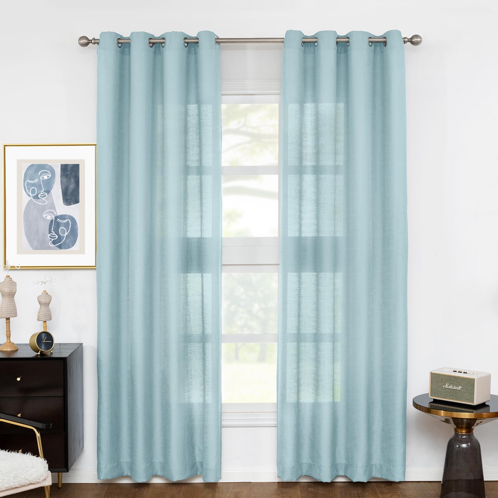 Melodieux Blue Semi Sheer Curtains 96 Inches Long for Small Windows Living Room Bedroom Linen Look Rustic Grommet Voile Drapes, 42 x 96 Inch (2 Panels) โ image 1