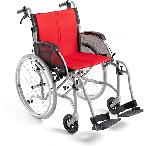 FeatherMobility - Silla de ruedas plegable ligera con marco plateado de cojín rojo - EB-FCM18-GR-RC - con ruedas de liberación rápida