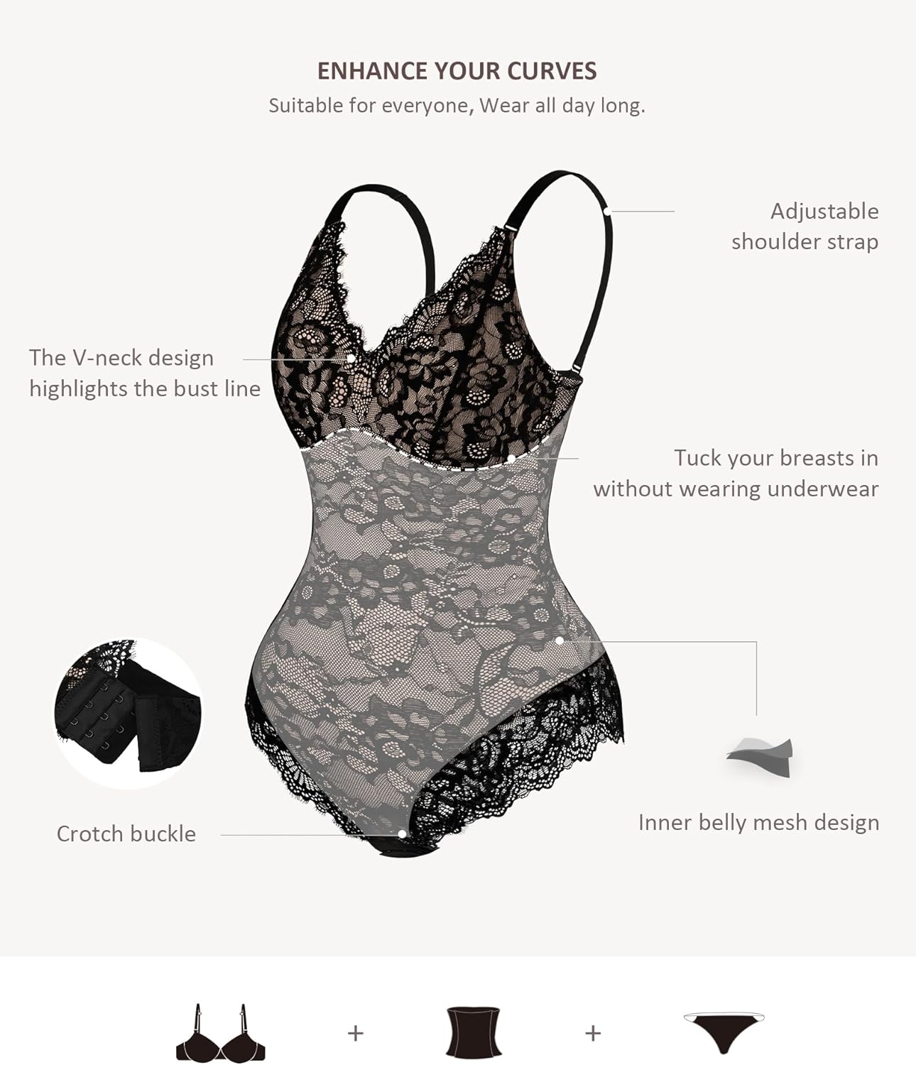 FeelinGirl Shapewear Bodysuits for Women Lace Shapewear Tummy Control V-Neck Sleeveless Bodysuit Tops Jumpsuit - Image 3