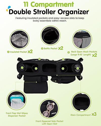 Miniatura 8 de Organizador de cochecito doble con 11 compartimentos para Bob Duallie, Baby Jogger City Mini GT2, organizador doble para cochecito, Jeep, accesorios
