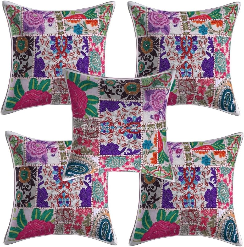 Indian Throw Pillow Covers 12x12 Inch Cotton Vintage Patchwork Ethnic Square Embroiderded Cushion Covers (Size - 30x30 cm ; Color: White) - Set of 5 Pcs (Cover Only)