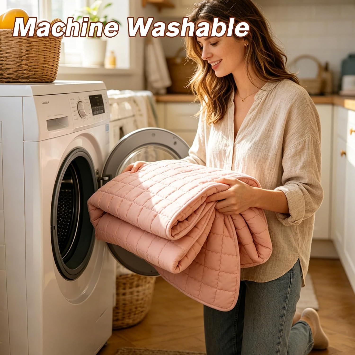 Renjie Pink Waterproof Washable Dog Bed Cover Pet Pad M Size 59"x78" | Waterproof cotton pad, soft breathable, fixed straps, machine washable, suitable for sofa, bed and car back seat