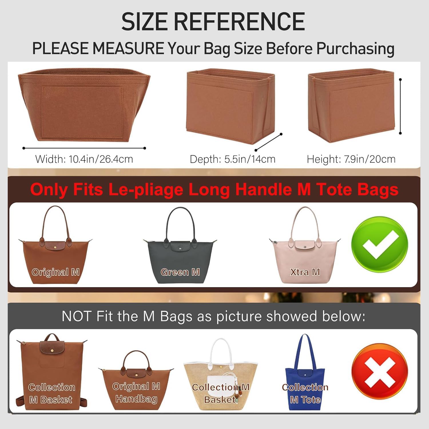 Felt Purse Organizer Insert Compatible with Longchamp Le Plaige M Tote Bag, Zipper Long Champ Medium Organizer with Cup Holder for Tote Handbags, 8 Compartments (Gold Brown,M)