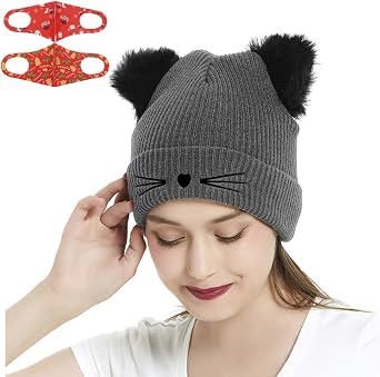 Women Winter Beanie Cute 2Pom Pom Cat Ears Cuff Hats Soft Warm Thick Beanies Chunky Knit Hat Girls Ski Skull Caps