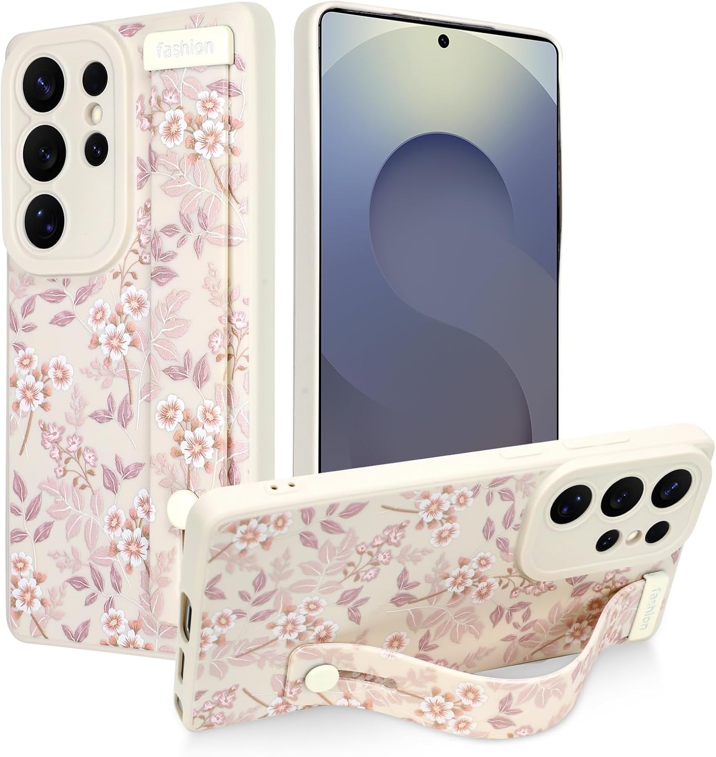 Compatible with Samsung Galaxy S25 Ultra Case for Women Men, Cute Flower Floral Pattern, Built in Adjustable Metal Wrist Strap Grip Hand Holder Kickstand Soft Silicone Cover, White