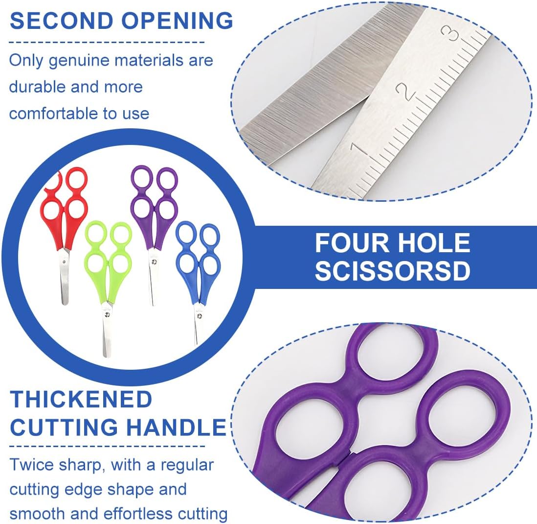 Pack of 4 Children's Scissors from 3 Years, 4-Hole Ring, Ergonomic Design, for Children, Schools and Classrooms, Parent-Child Activities (Green + Purple + Blue + Red)