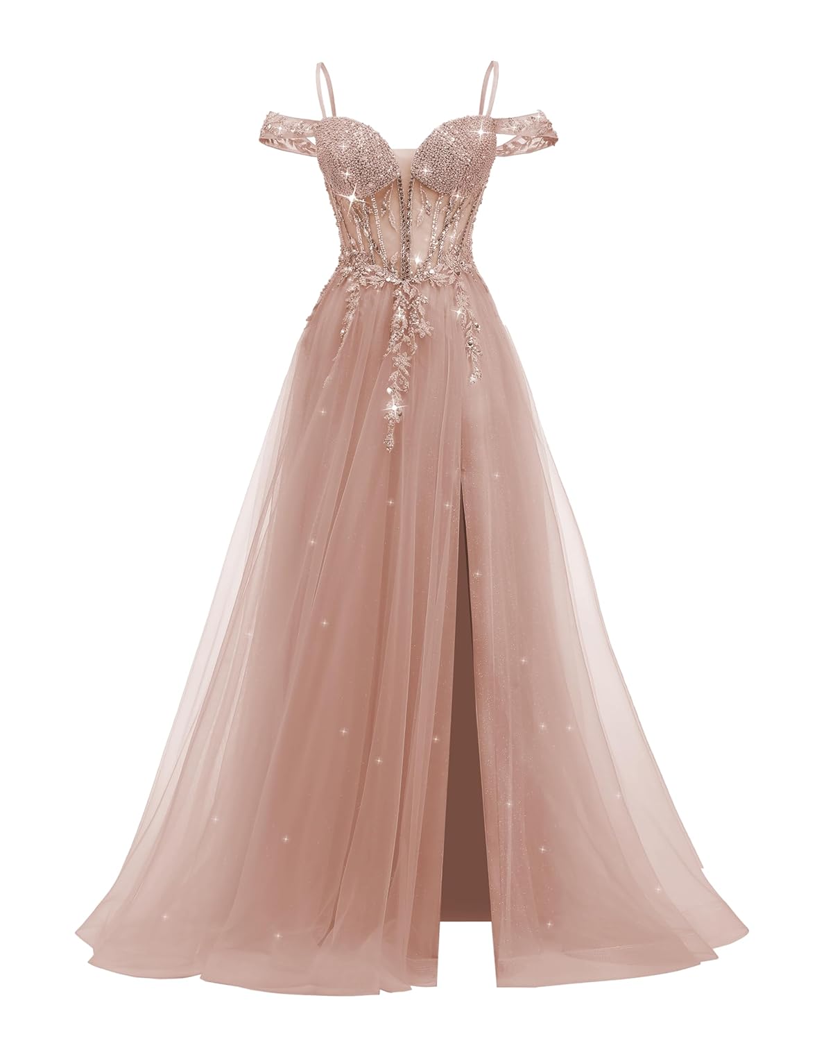 ForElise Tulle Prom Dresses for Teens 2026 Spaghetti Straps Off Shoulder Beaded Lace Appliques Long Ball Gown with