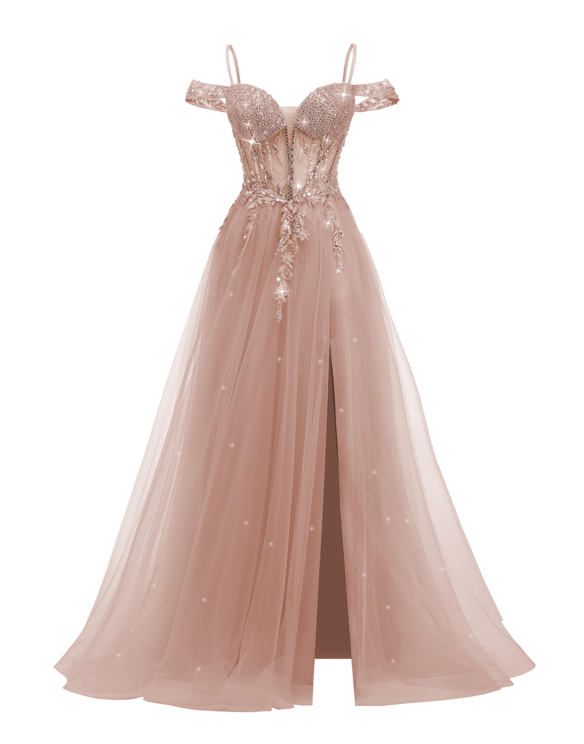 ForElise Tulle Prom Dresses for Teens 2026 Spaghetti Straps Off Shoulder Beaded Lace Appliques Long Ball Gown with