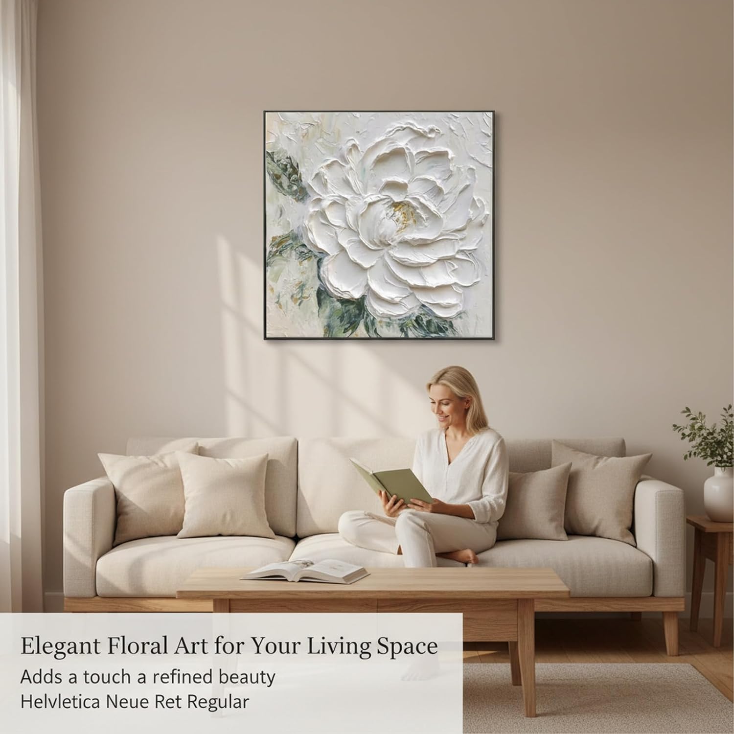 Hand Painted White Flower Oil Painting for Kitchen, Large 3D Floral Canvas Wall Art for Living Room, Framd Modern Wall Decor for Bedroom,Office Home Decor 32" x 32"