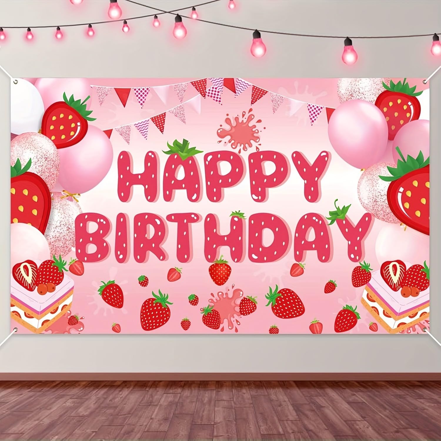 Generic Happy Birthday Backdrop Pink Red Strawberry Little Princess Girls Birthday Theme Party Decorations Strawberry Banner Props (70.8 x 43.31
