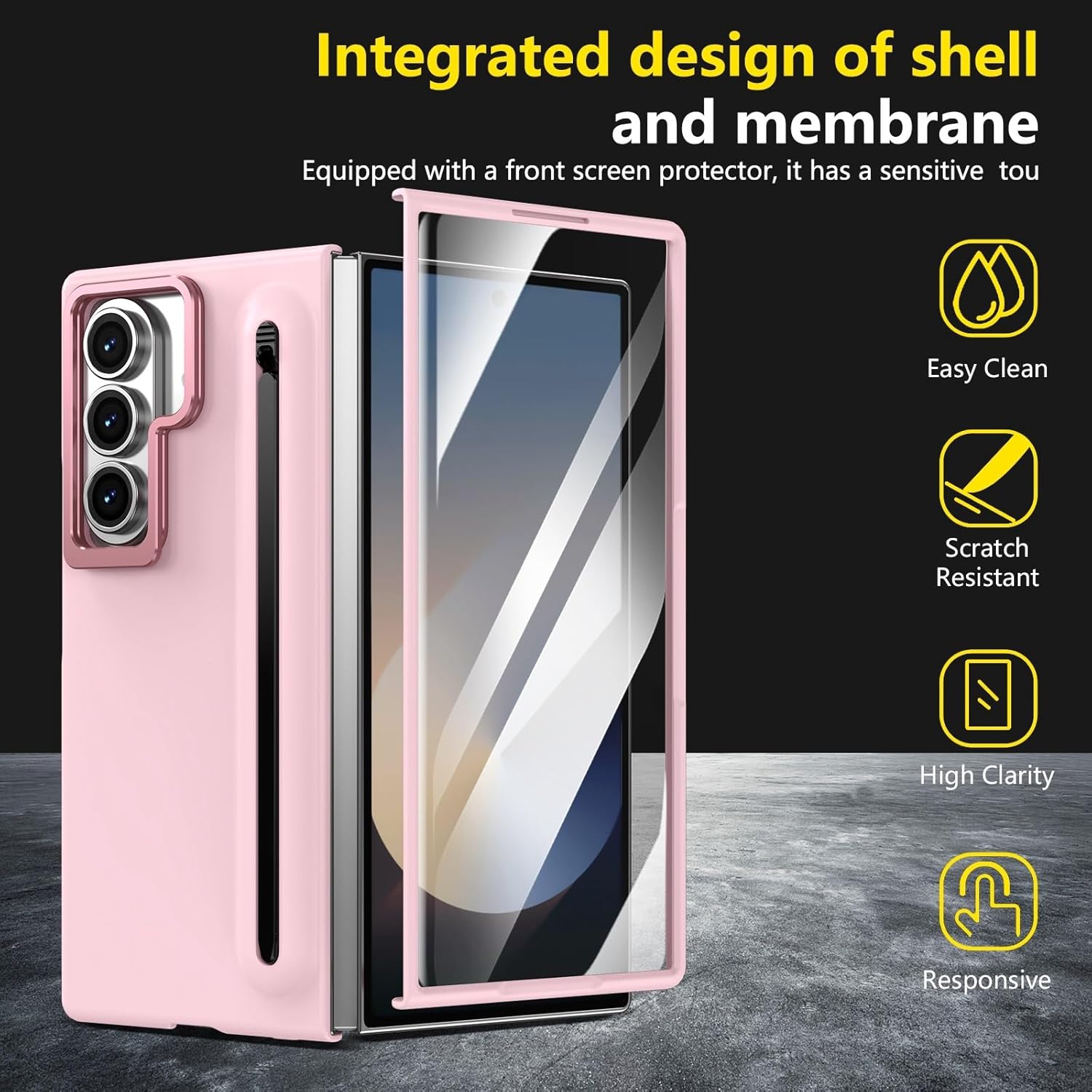 Smartphone Flip Cover Camera Stand Compatible with Samsung Galaxy Z Fold 7 Case with Built-in New Compact S Pen Slot, Case with Screen Protector Folding Series Protective Cover W/Regular Stylus(Pink)
