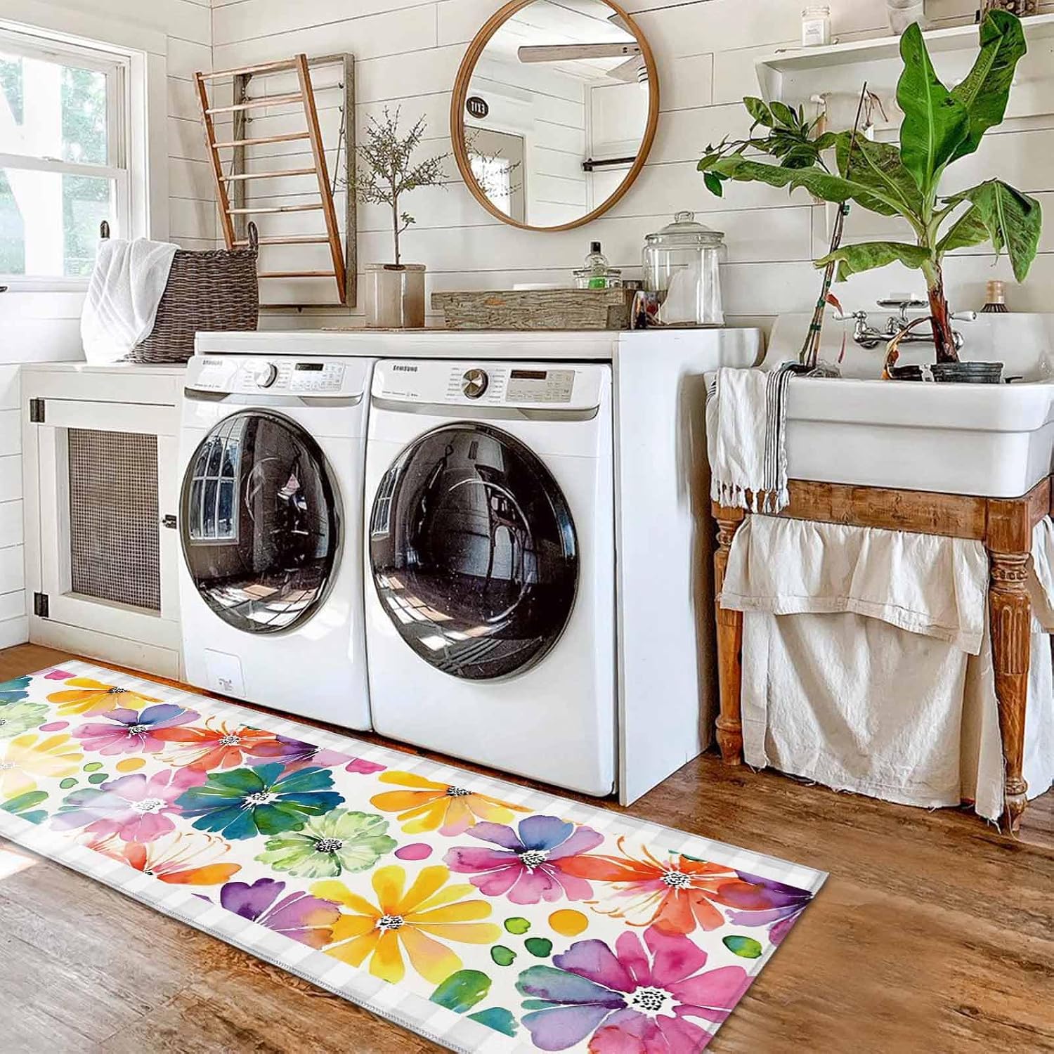 Kitchen Mats for Floor Watercolor Farm Flowers Washable Non Slip Kitchen Rugs 2PCS, Floral Art on Gray Plaid Absorbent Standing Mats for Sink Bathroom Office Living Room 15.7x23.6in+15.7x47.2in