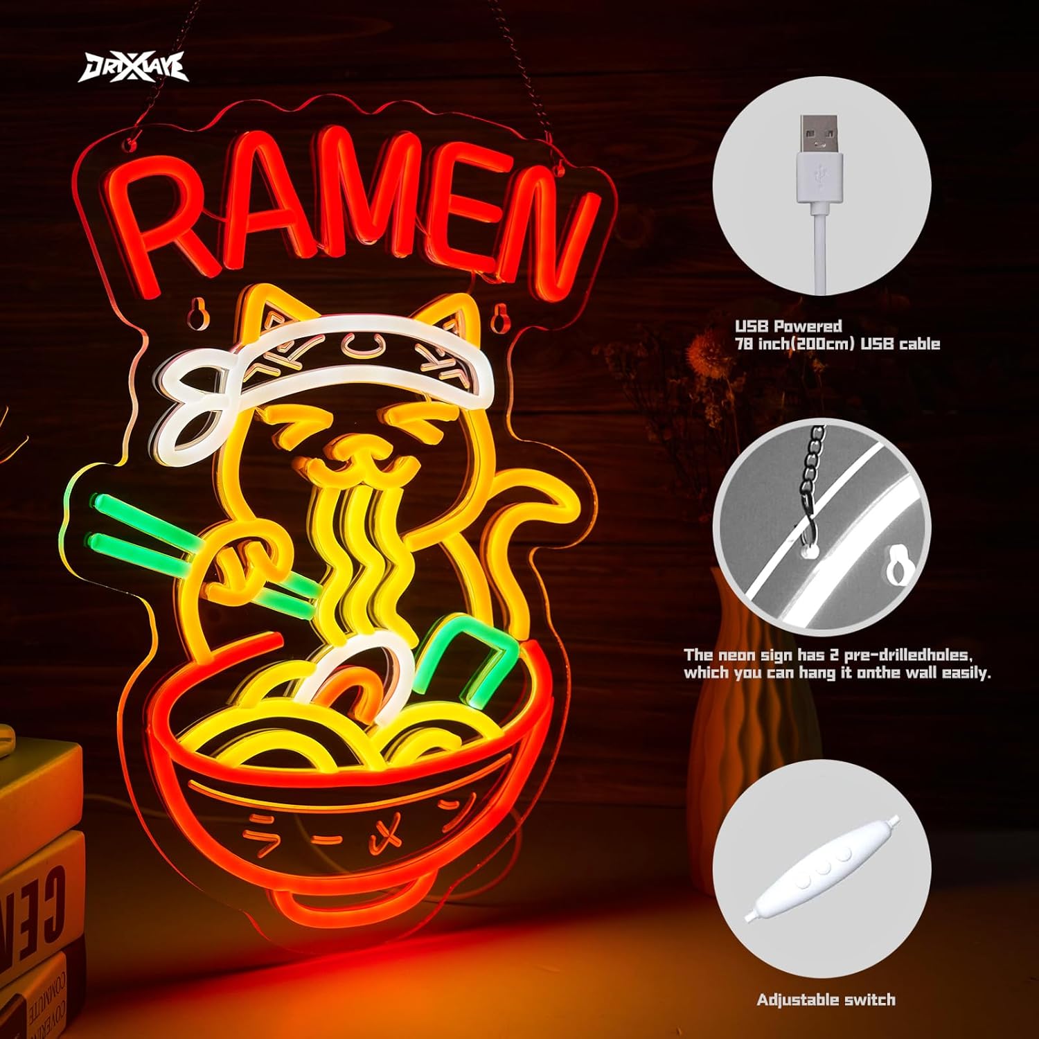 Ramen Neon Sign Japanese Noodle Sign for Wall Decor Smart plug timer compatible USB-Powered Restaurant Ramen Shop Decor(16.3x12Inch)