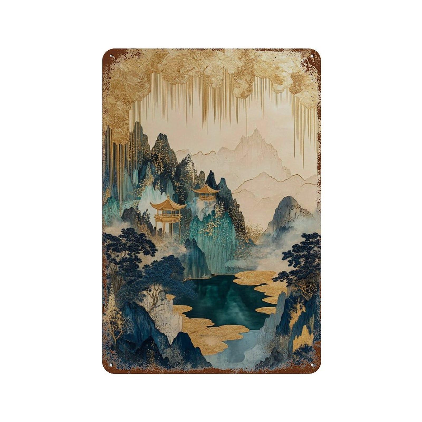 xiaoxiaoshen Golden Pagoda Landscape Oriental Mountain Luxury Gold And Teal Wall Decor Art Metal Tin Poster Modern Home Decor Art Home Bar Shop Decorations Vintage Sign 30x20cm