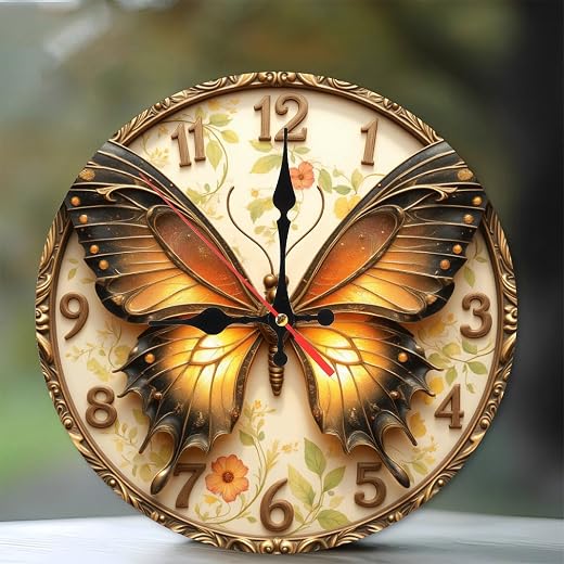 Butterfly Wall Clock with Floral Design and Golden Accents 10 Inch Wooden Wall Clock, Silent Movement Butterfly Wall Clock with Floral Design and Golden Accents10-Inch Wooden Wall Clock, Silent Movement, Artistic Home Decor