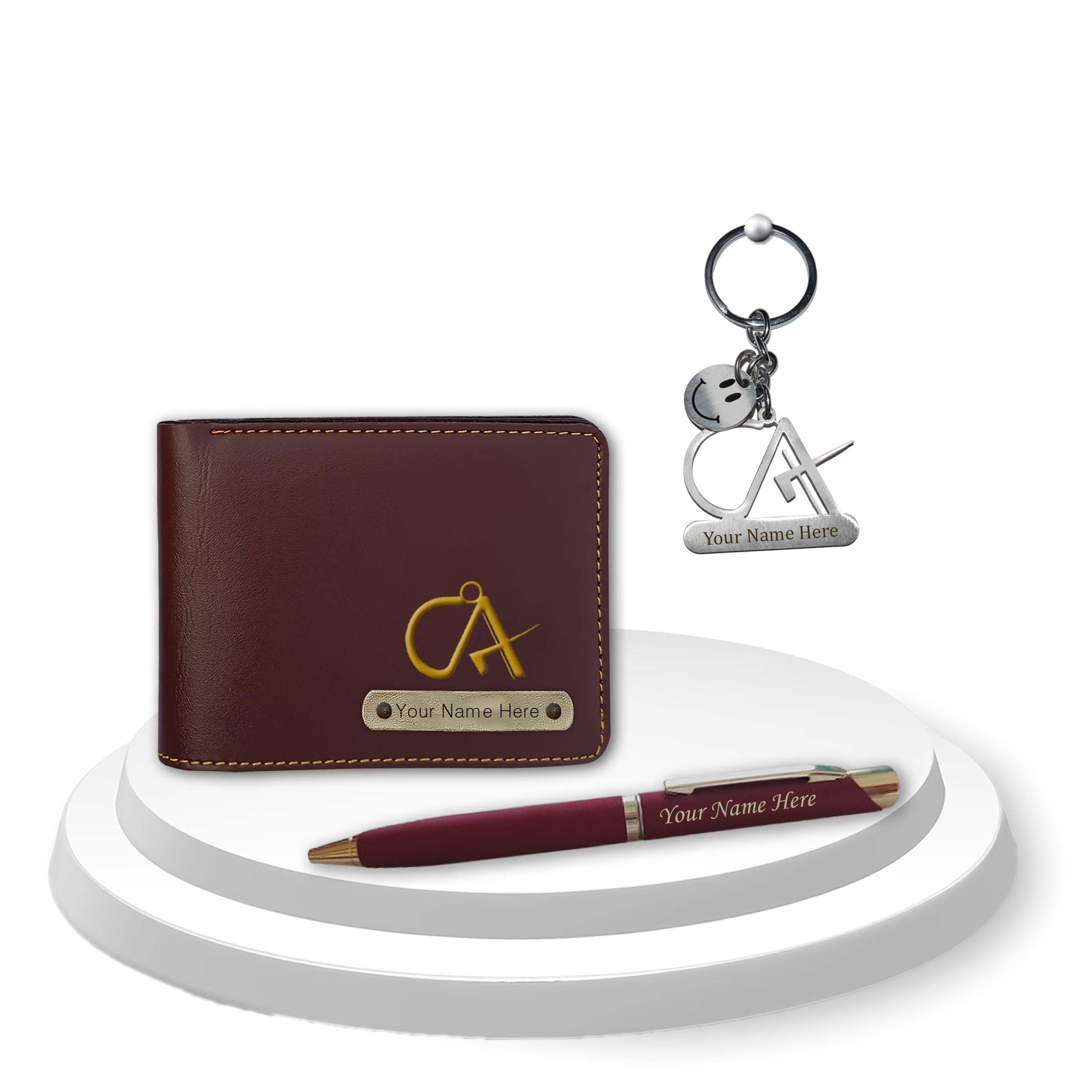 SAVRI Personalized CA Combo- Keychain with CA Logo, CA Symbol Pen & Wallet - Customize with Your Name. Ideal Gifts for Financial Professionals. (Brown, Male)