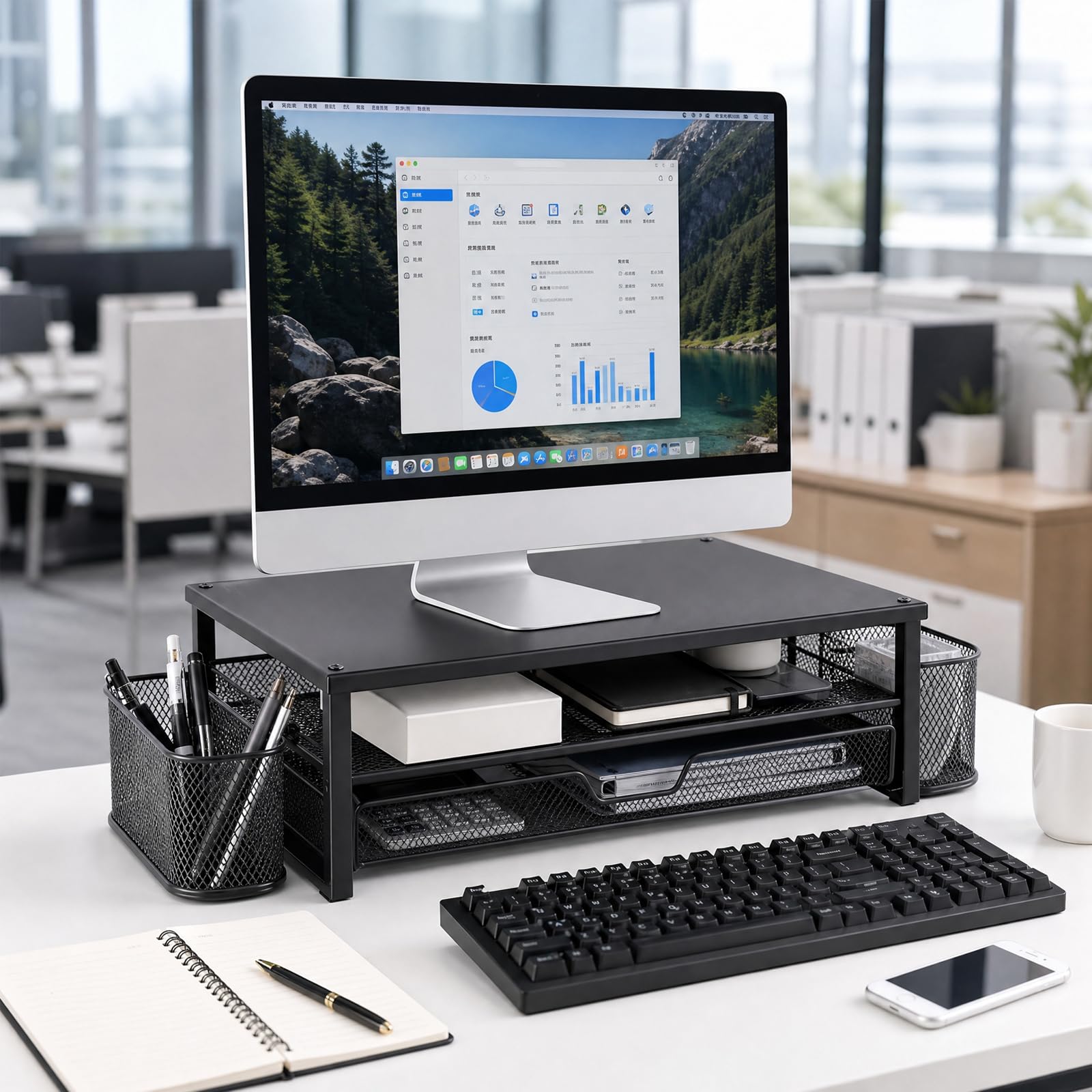 Supporto per monitor con cassetto e 2 portapenne, rialzo ergonomico da scrivania per laptop e schermo, organizer multifunzionale a 2 livelli per ufficio e home office (nero)