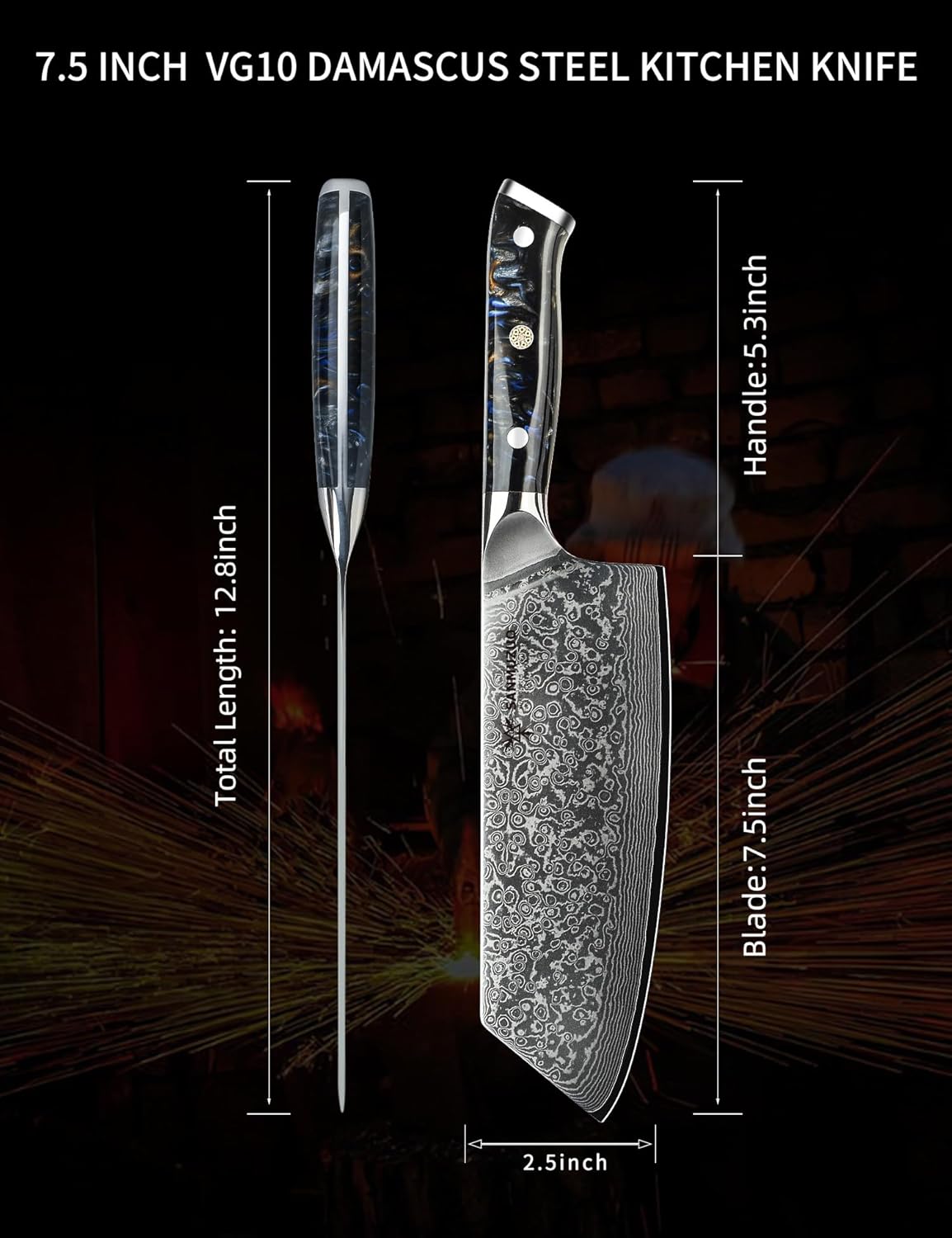 Nakiri Knife - 7.5 inch Cleaver Knife- Xuan Series - VG10 Damascus Steel Kitchen Knife - Resin Handle (Starry Black)