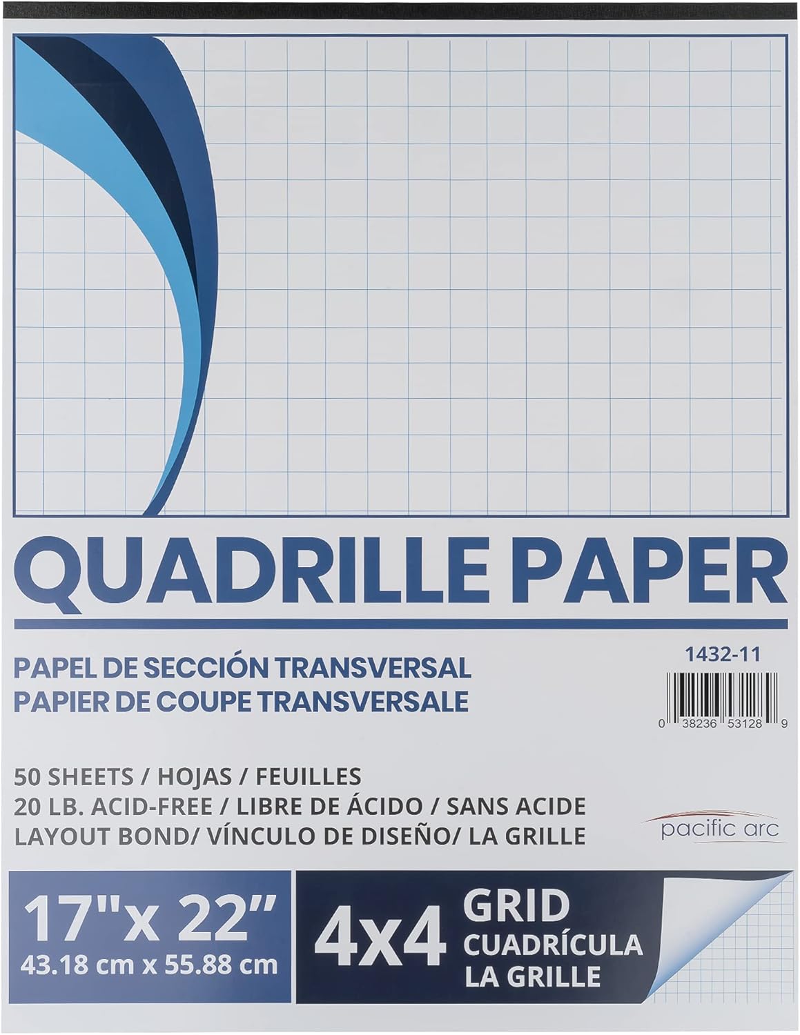 Pacific Arc Quadrille Paper Pad, 50 Sheets 17 Inch x 22 Inch, 4 x 4 Grid