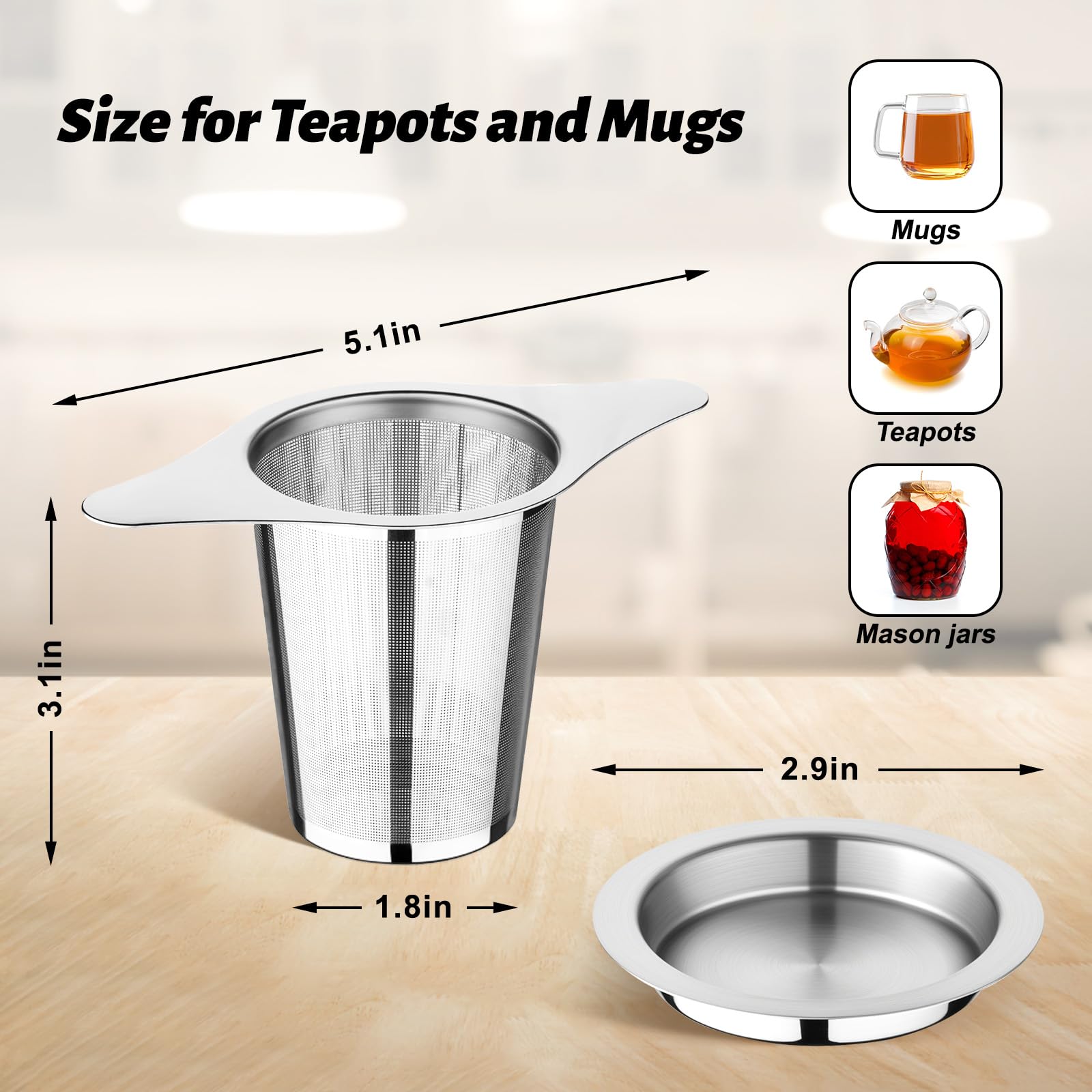 FrutPunch Infusor de té de hojas sueltas con tapa, juego de 2, colador de té de malla ultrafina, gran capacidad, asas dobles, se puede colgar en tetera, taza, regalo para los amantes del té