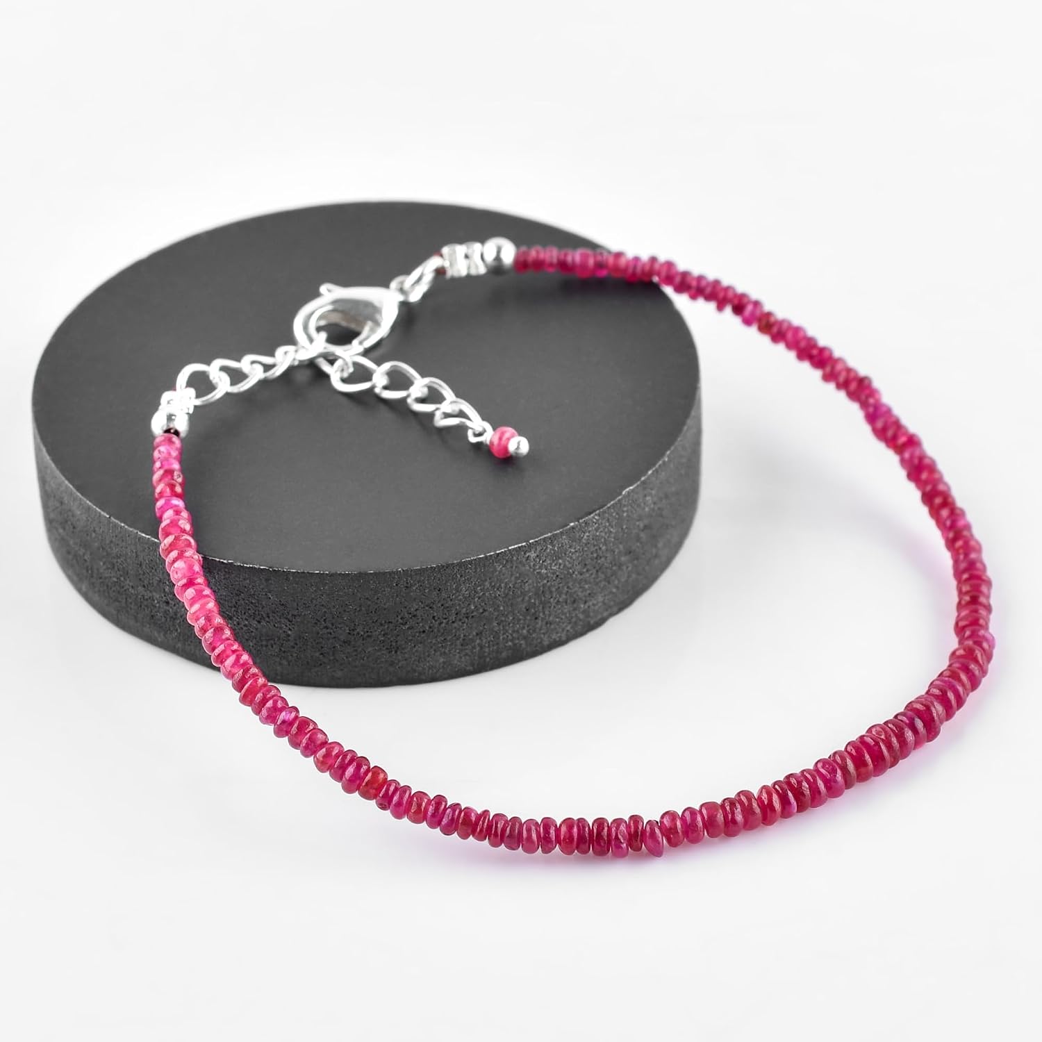 Ruby Bracelet for Women, Natural Burmese Pink Gemstone Beaded, July Birthstone, Silver Plated Chain 7+1 Inch Adjustable, Dainty Minimalist Handmade Gift, Elegant Lightweight Jewelry For Her