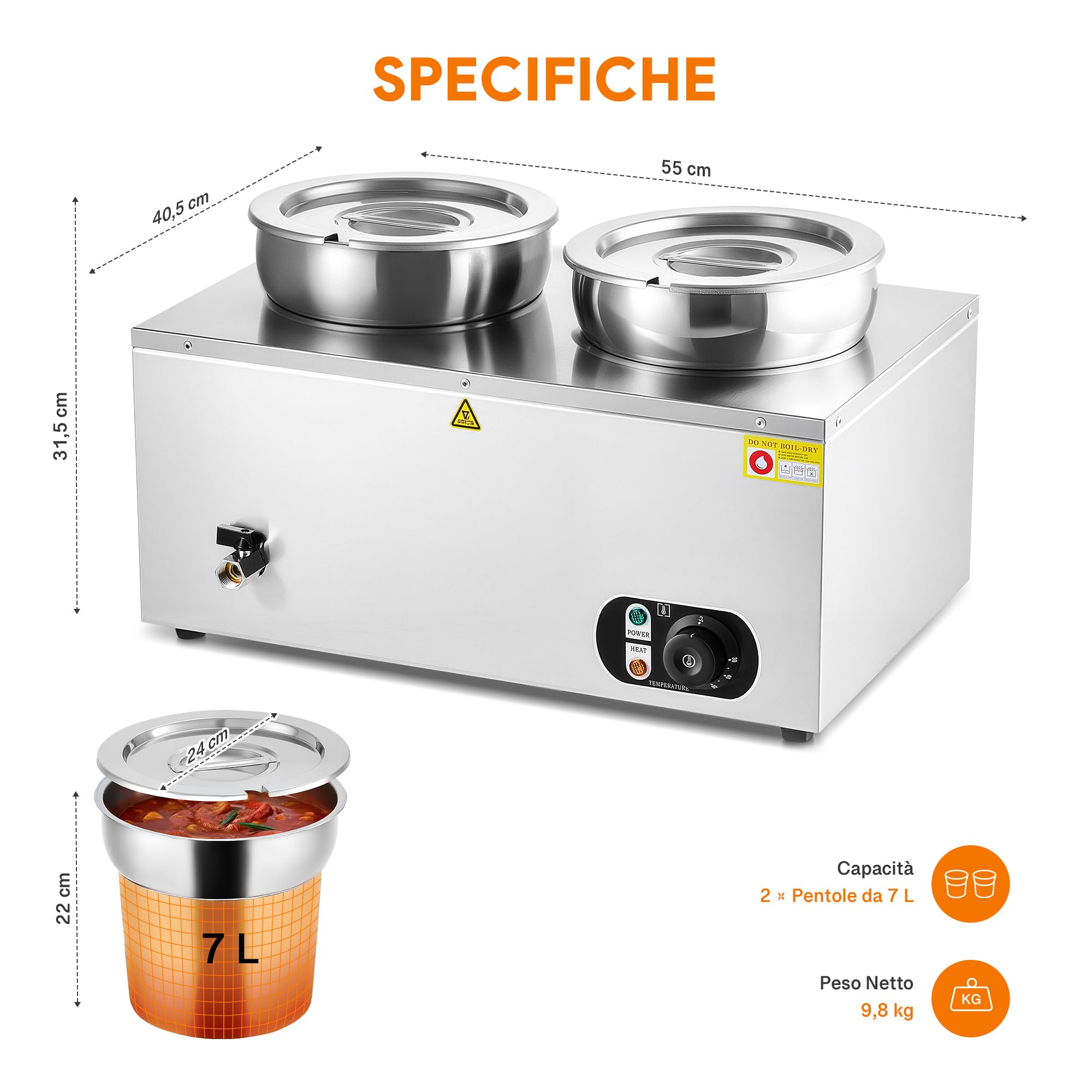 Wilprep Scaldavivande Elettrico a Bagnomaria Scaldavivande Professionale in Acciaio Inox da 1500W con 2 Secchi da 7L (Design per Zuppe) con Temperatura Regolabile per Buffet Catering e Ristoranti