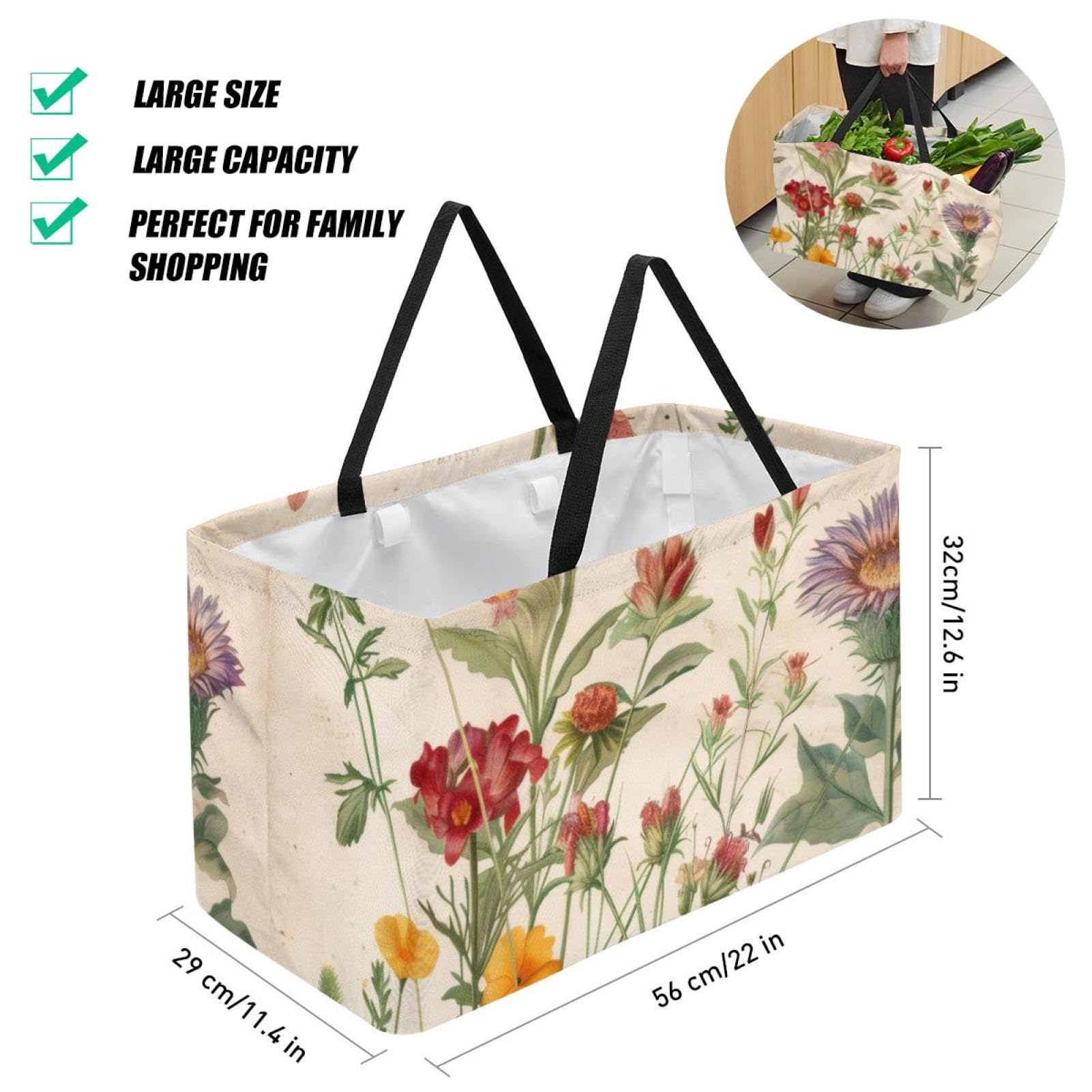 Sac de courses réutilisable, pliable, sac fourre-tout utilitaire lavable, tient debout pour pique-nique, camping – Motif papillons et fleurs sauvages rétro, multicolore, 22.0x12.6x11.4 in/56x29x32 cm