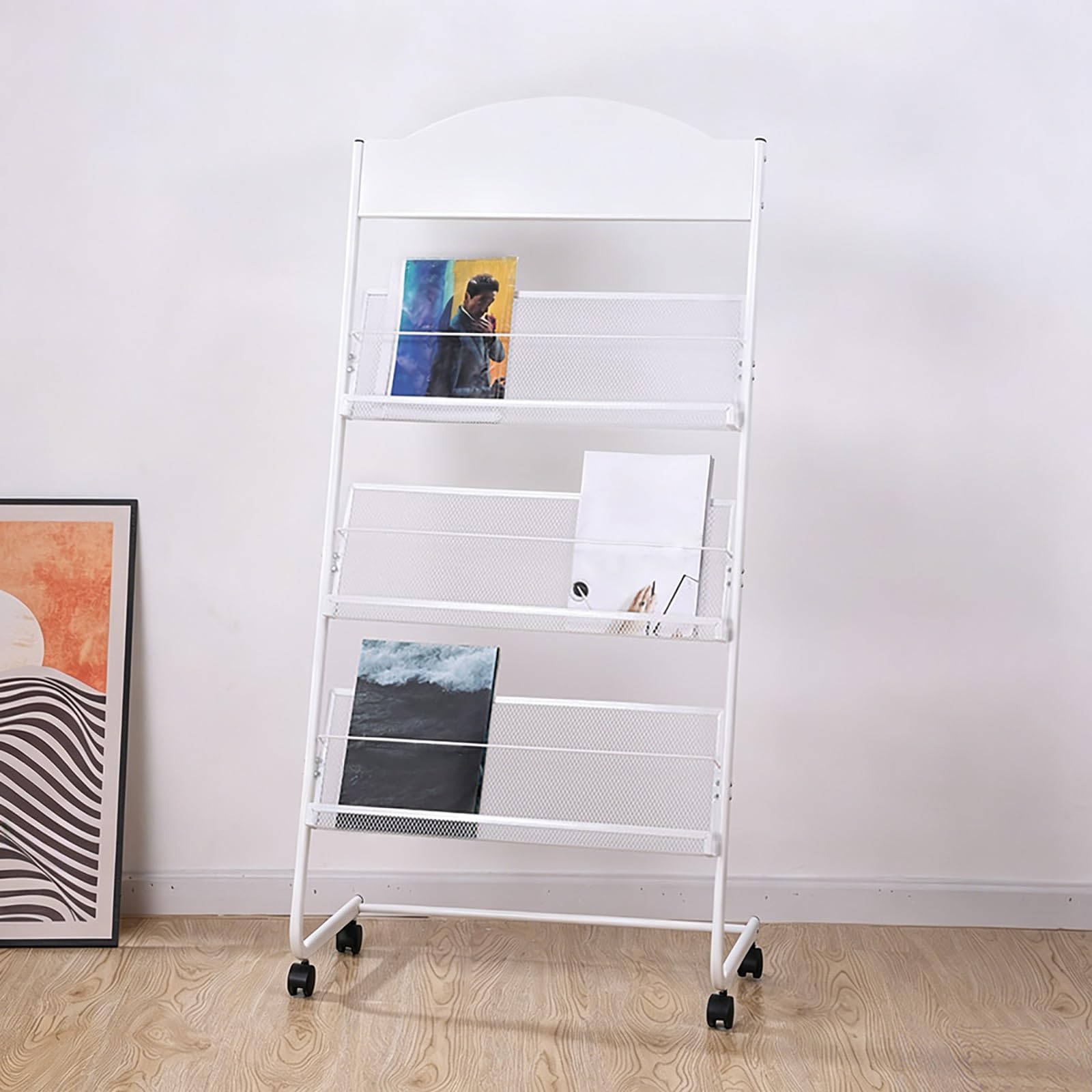 Cjwkxqol White Floor Standing Magazine Rack With Wheels, Metal Mesh Brochure Display Stand, Vertical Literature Holder For Malls, Hospitals, Office, Reception，Exhibitions(White)