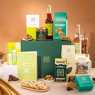 Just Because Vegan Gift Hamper Basket, Luxury Gourmet Gifts for Women, Men, Couples, with Vegan Chocolate by EDEN & CO - Plus Non-Alcoholic Mocktails