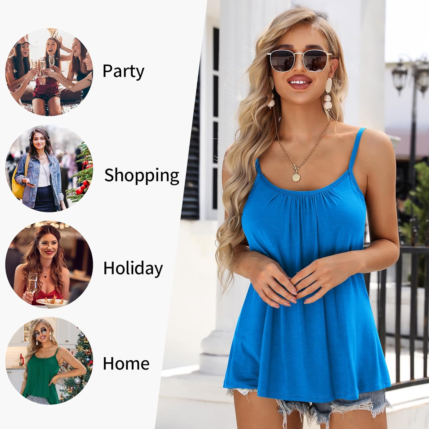 V FOR CITY Women Built-in Bra Camisole Adjustable Strap Tank Top Summer Loose Fit Cami Shirts S-3XL