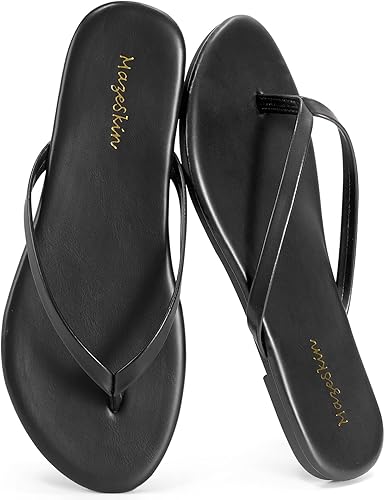 mazeskin Women's Memory Foam Comfortable Flat Thong Sandals Dressy Summer Beach Leather Slide Flip Flops