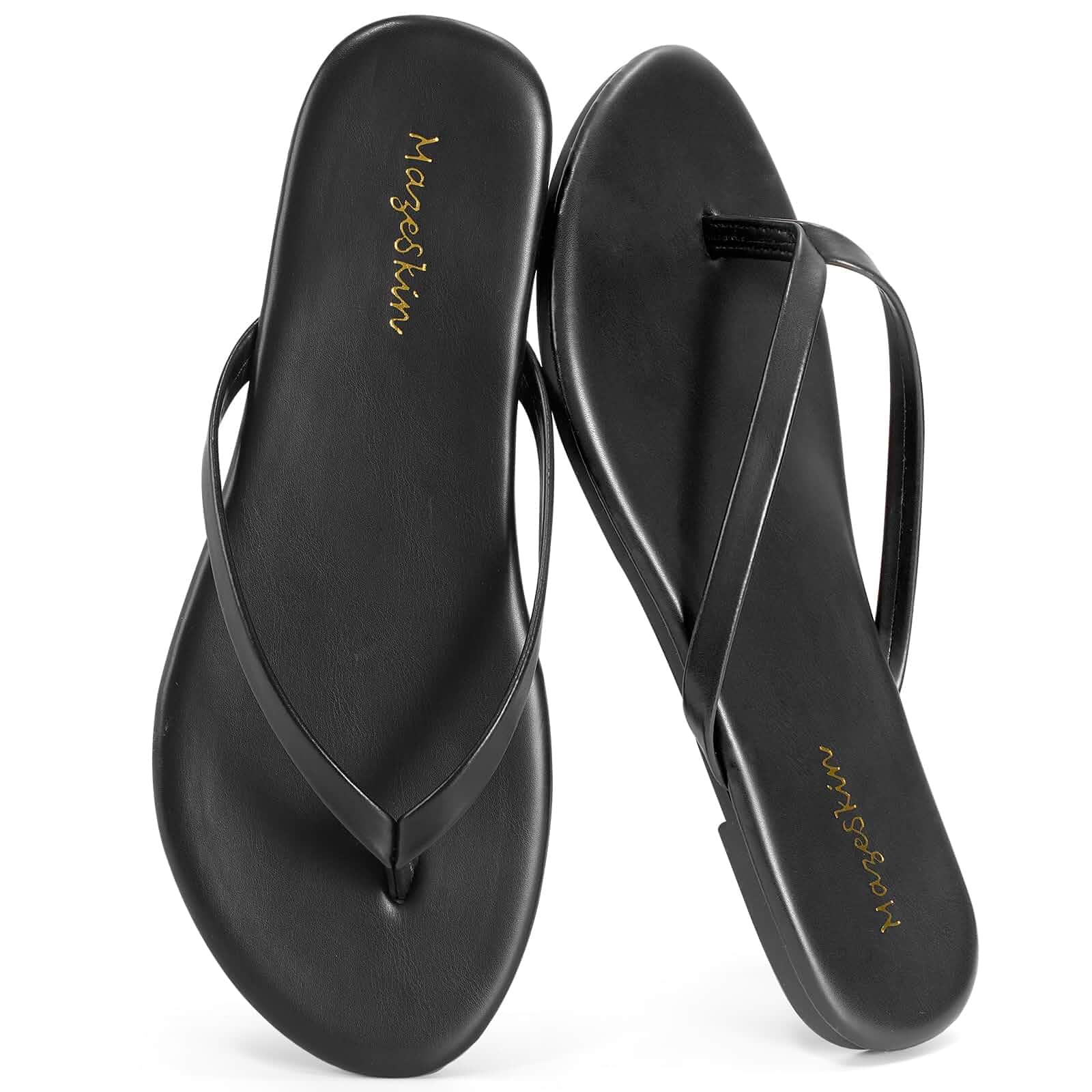 mazeskin Womens Memory Foam Flip Flops Flat Thong Sandals Soft Vegan Leather Comfortable Cushioned Casual Dressy Beach Summer Minimalist Slim Slide Shoes Indoor Outdoor