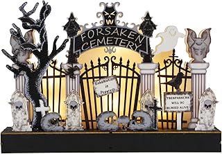 Gusio Indoor Halloween Decorations, Spooky Cemetery Tabletop Light Wooden Halloween Decor, Battery Operated Halloween Home Decor for Haunted House Indoor Outdoor Party Halloween Theme Decorations