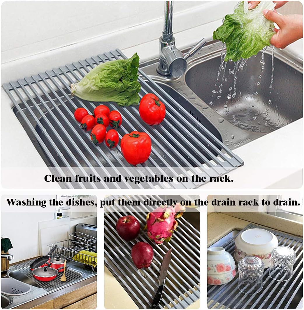 Buildec Dish Drying Rack, 20.5 X 13'' Over The Sink Dish Drying Rack Foldable Stainless Steel Dish Rack with Full Silicone Coated, Multipurpose Kitchen Drainer Rack for Cups, Fruits and Vegetables