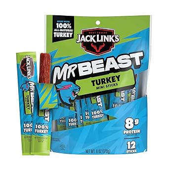 Jack Links x MrBeast Mini Turkey Jerky Sticks - Individually Wrapped Protein Snacks - 8g Protein per Serving - Made with 100% All Natural Turkey - 12 Pack 0.5 oz Meat Sticks