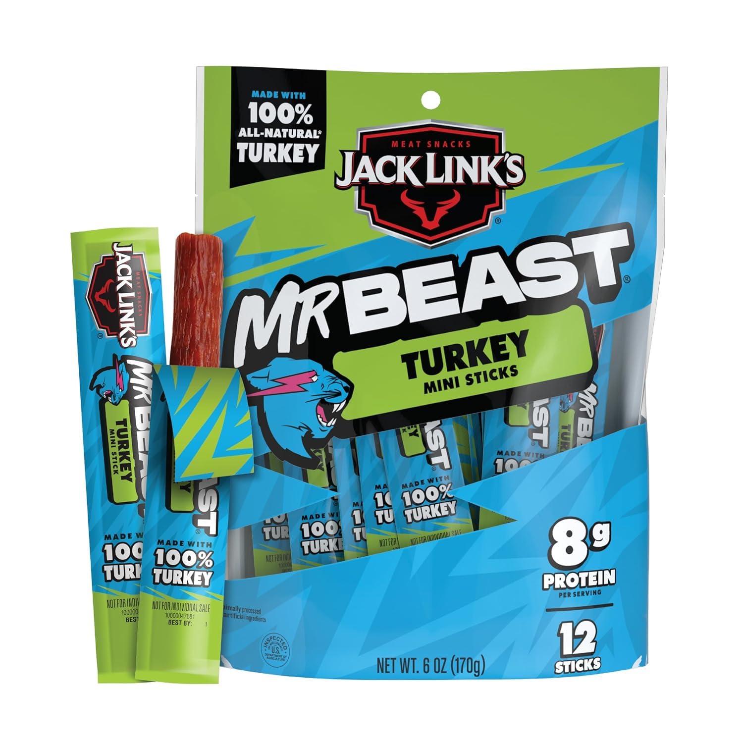 Jack Link's x MrBeast Turkey Mini Sticks, come visto sui giochi Beast, 8 g di proteine, realizzati con tacchino naturale al 100%, zero zucchero, snack pronti per la dispensa, 12 pezzi