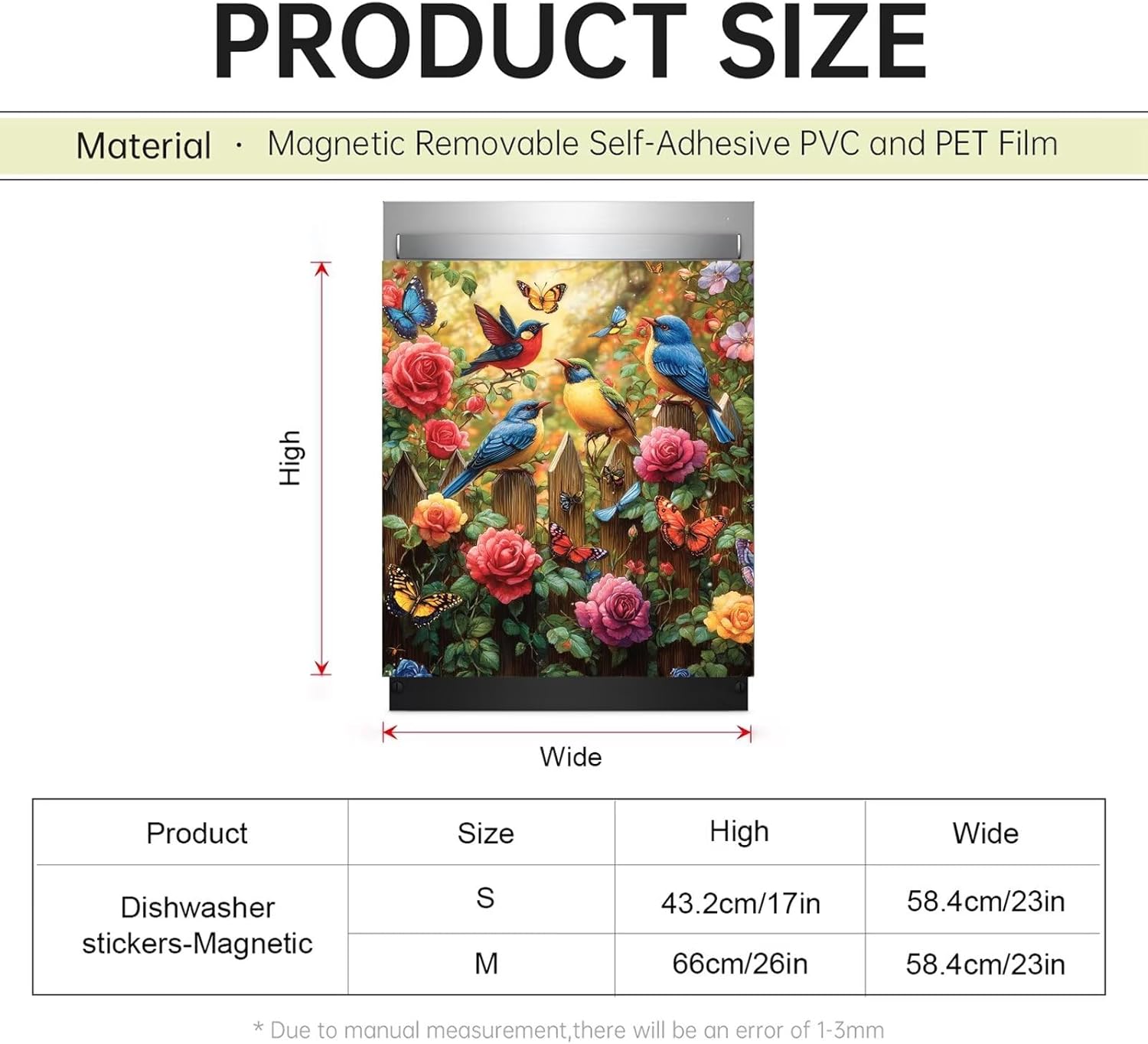 Songbirds Magnet Dishwasher Cover Full Door Panel Decal, Spring Colorful Flowers Magnetic Refrigerator Skins Cover, Butterfly Magnetic Dishwasher Front Door Cover Magnetic 23" x 17"