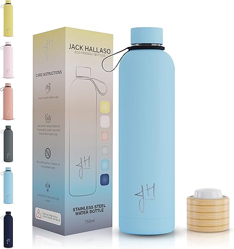 Paquete de botellas de agua de acero inoxidable 25 onzas botellas de agua con dos tapas y mango de silicona a prueba de fugas botella de agua