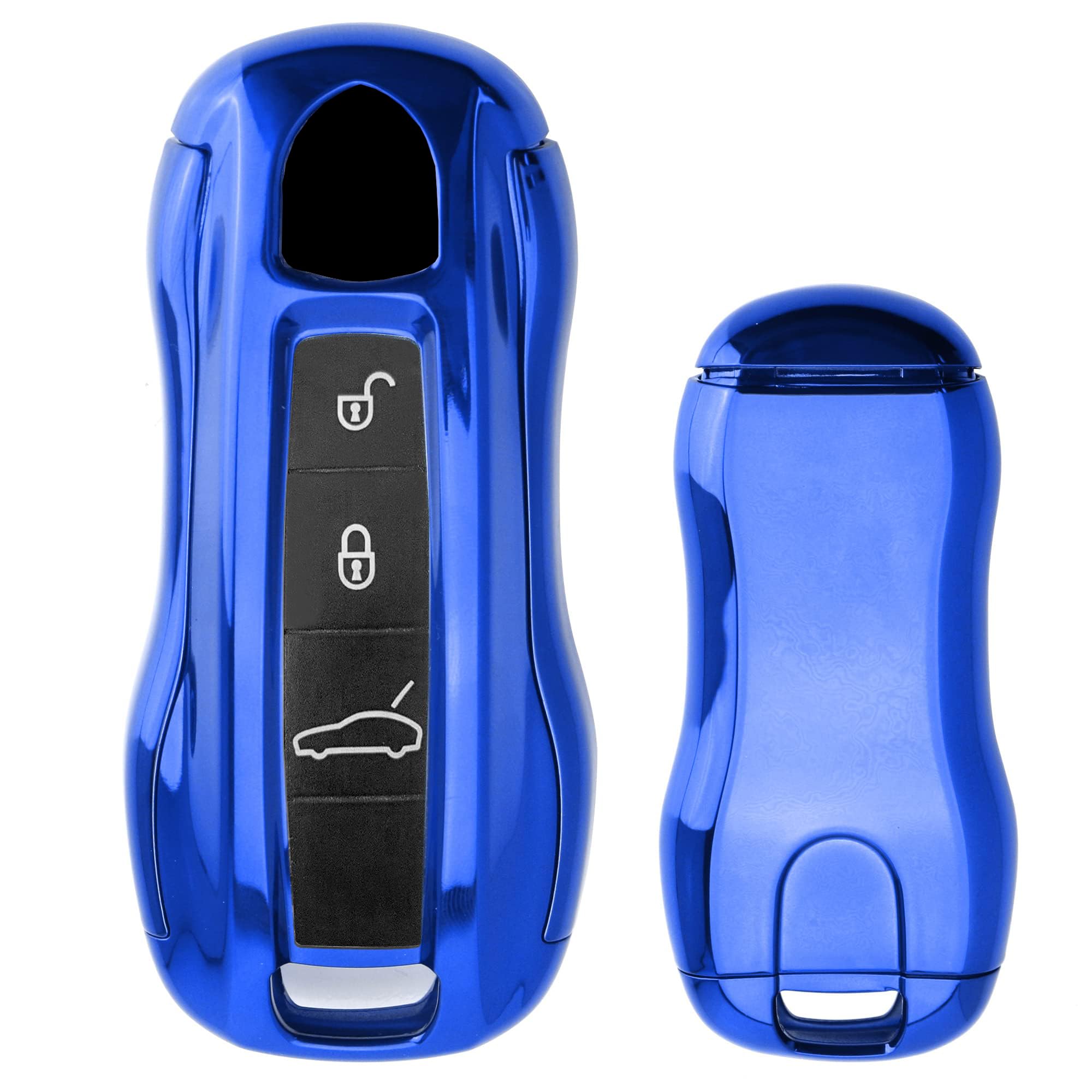 iJDMTOY Glossy Blue TPU Key Fob Cover w/Button Cover Panel Compatible with Porsche 2017-up Panamera, 2019-up Cayenne Gen2 Smart Key