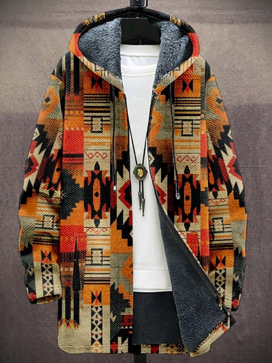 2025 Men's Ethnic Pattern Hooded Jacket Long Cardigan Hoodies Full Zip Vintage Knitted Zipper Coat with Pocket - Image 3