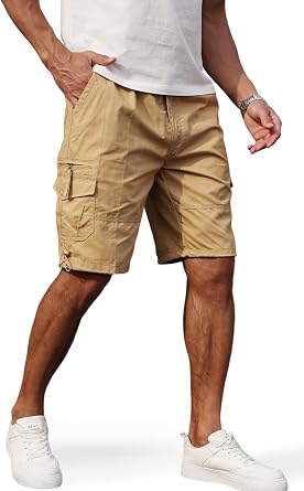 Mens Cargo Shorts with Multi-Pockets | Elastic Waist Cotton Relaxed Fit | 2026 Casual Hiking Fishing Work