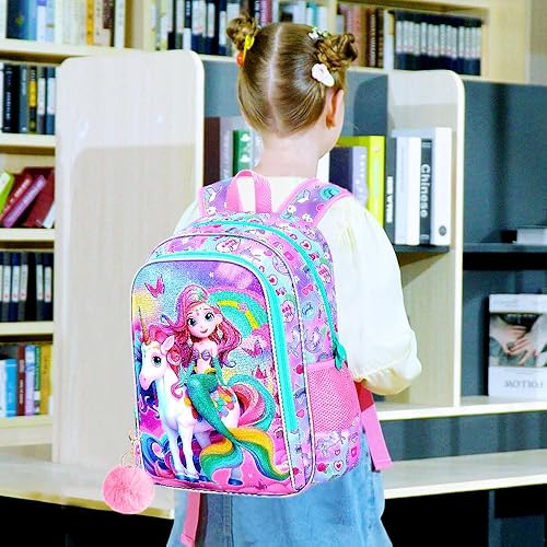 Miniatura 2 de gxtvo Mochila de flamenco de sirena de unicornio para niñas, bolsa de libros para niños con lonchera, bolsa de escuela primaria resistente al agua,