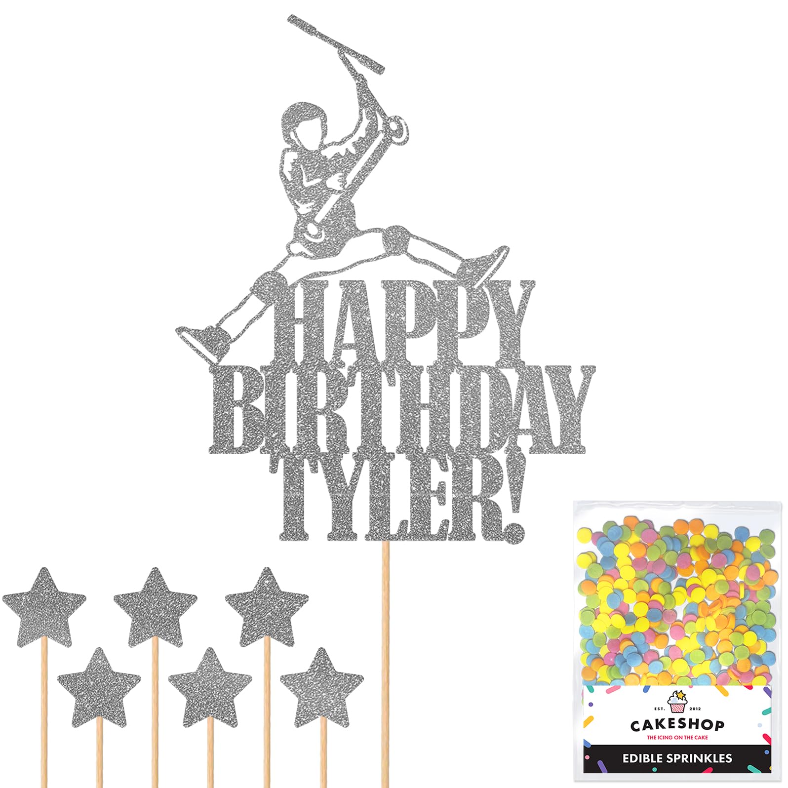 Personalised No Footer Trick Stunt Scooter Glitter Cake Topper - Dk Silver Custom Name Glitter Cake Decoration and Sprinkles - Happy Birthday Decorations - Personalised Toppers for Cakes by Cakeshop — image 1